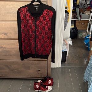 Black and Red Lace Cardigan and Wedge sneakers